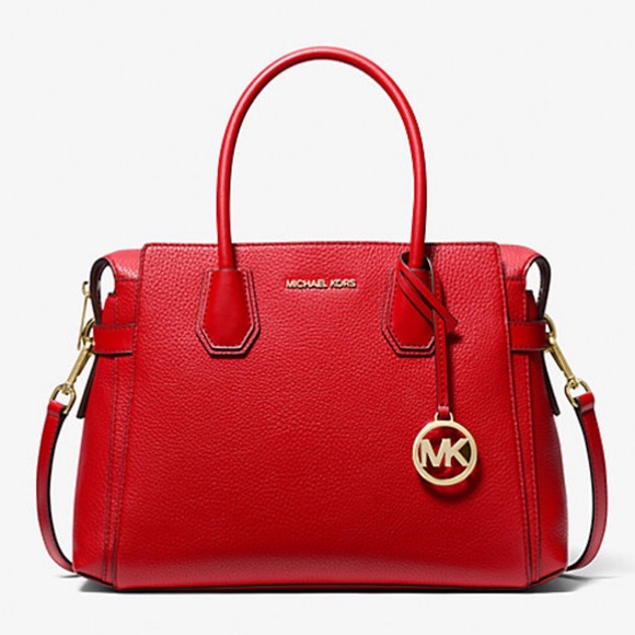 Michael Kors Mercer Medium Belted Satchel Crossbody Bright Red - Picture 1 of 8